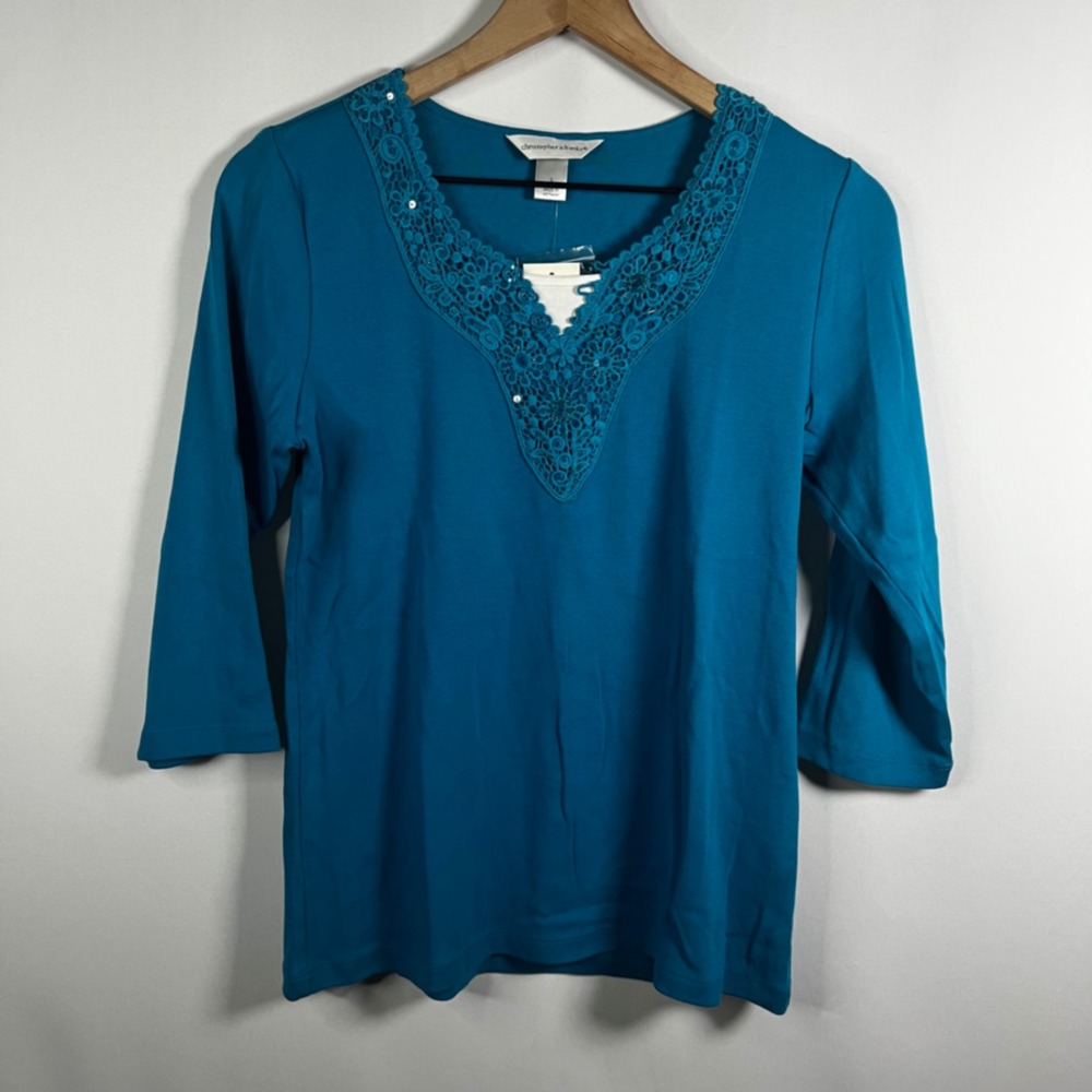 NWT Christopher & Banks Blouse‎ Women Small Blue V-Neck 3/4 Sleeve Textured Knit